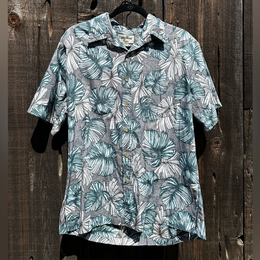 Cooke Street Gray Blue White Hawaiian Palm Short Sleeve Casual Cotton Button Up